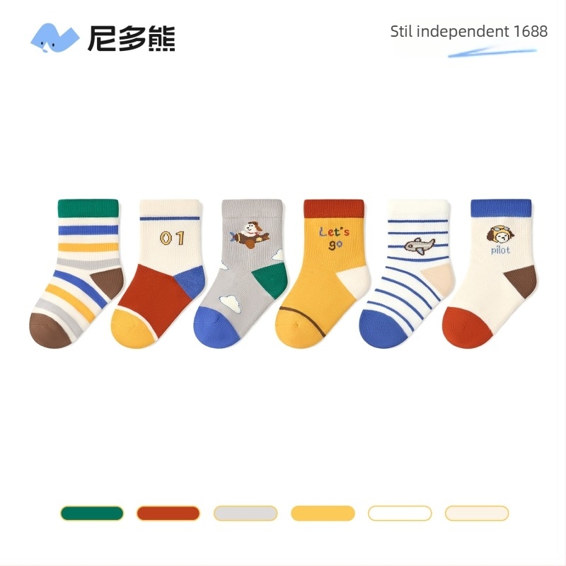 Șosete copii Nido Bear – Țesătură: 79,2% bumbac, 17,7% nailon, 3,1% spandex;  Tunel scurt, Fără cusături, Model desene animate și litere, AW2503