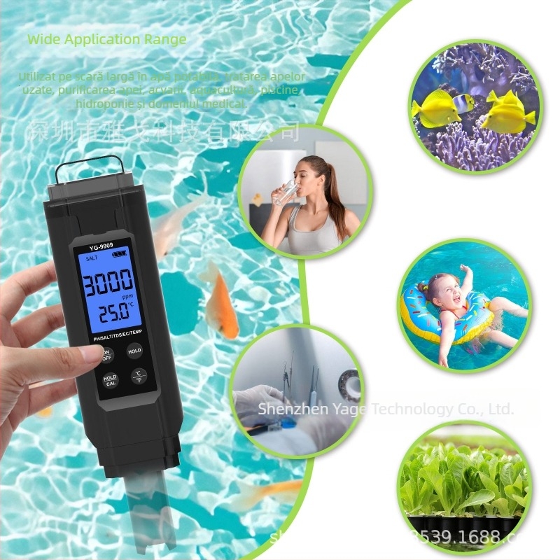 Tester de calitate a apei 5 în 1 pentru bazine și acvarii – pH, EC/TDS, salinitate, temperatură (Model YG-9909)