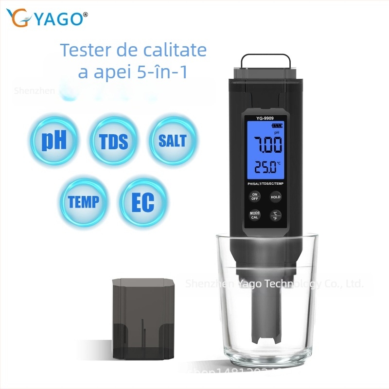 Tester de calitate a apei 5 în 1 pentru bazine și acvarii – pH, EC/TDS, salinitate, temperatură (Model YG-9909)