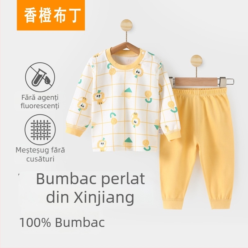Set de pijamale pentru bebeluși, 100% bumbac, două piese, top cu mânecă lungă și pantaloni lungi, imprimeu animale