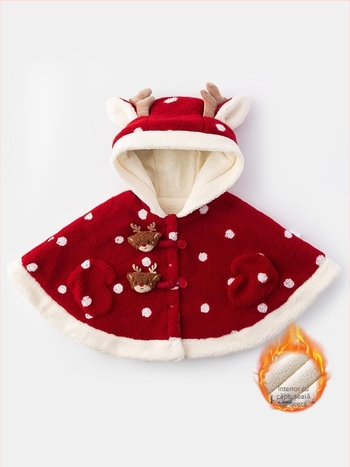 Pelerină pentru copii cu glugă, groasă, căptușită cu blană, model cu buline, închidere cu capse, iarnă