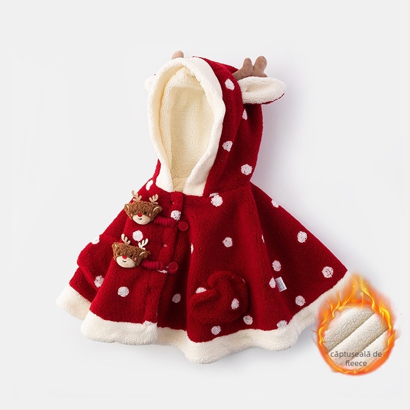 Pelerină pentru copii cu glugă, groasă, căptușită cu blană, model cu buline, închidere cu capse, iarnă