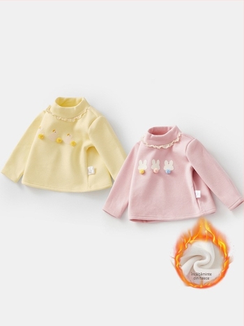 Tricou de bază pentru fetițe, căptușit cu fleece, gros și cald, mâneci lungi, guler semi-înalt, toamnă-iarnă