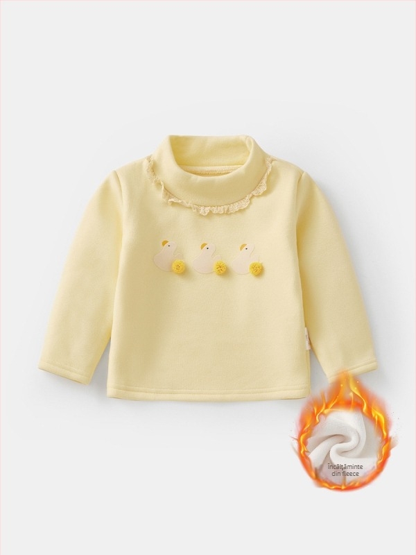 Tricou de bază pentru fetițe, căptușit cu fleece, gros și cald, mâneci lungi, guler semi-înalt, toamnă-iarnă