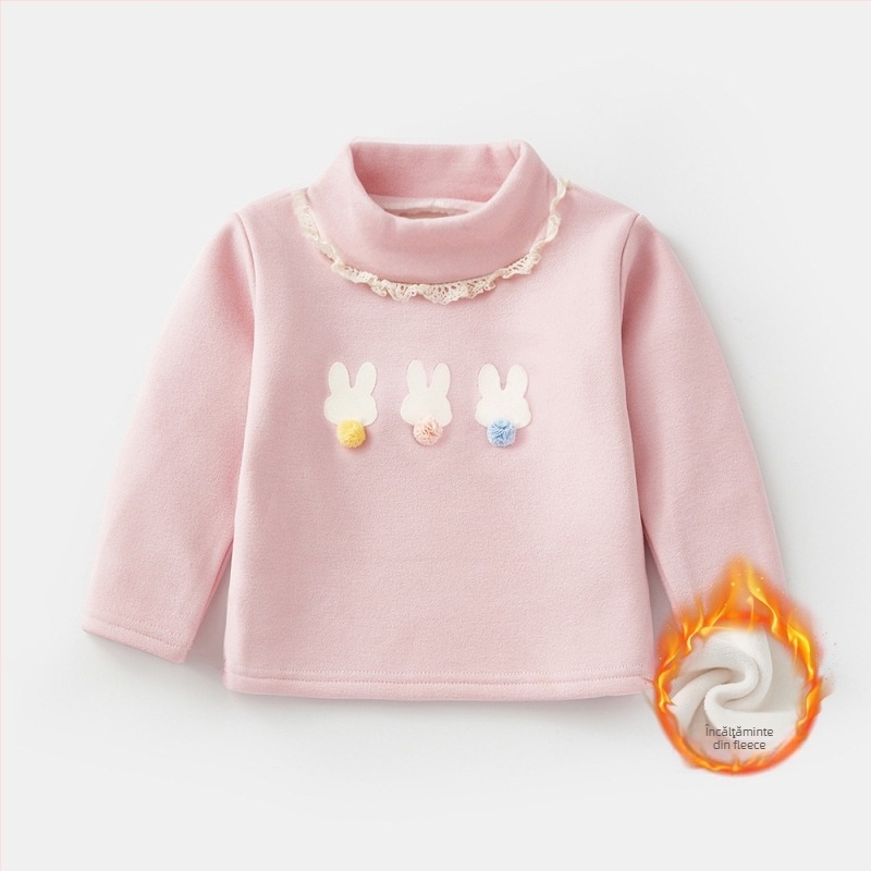 Tricou de bază pentru fetițe, căptușit cu fleece, gros și cald, mâneci lungi, guler semi-înalt, toamnă-iarnă