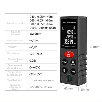 Inorm Măsurător cu laser portabil pentru distanțe, interval 0,05–100 m, rezoluție 1 mm, precizie ±2 mm, protecție IP54