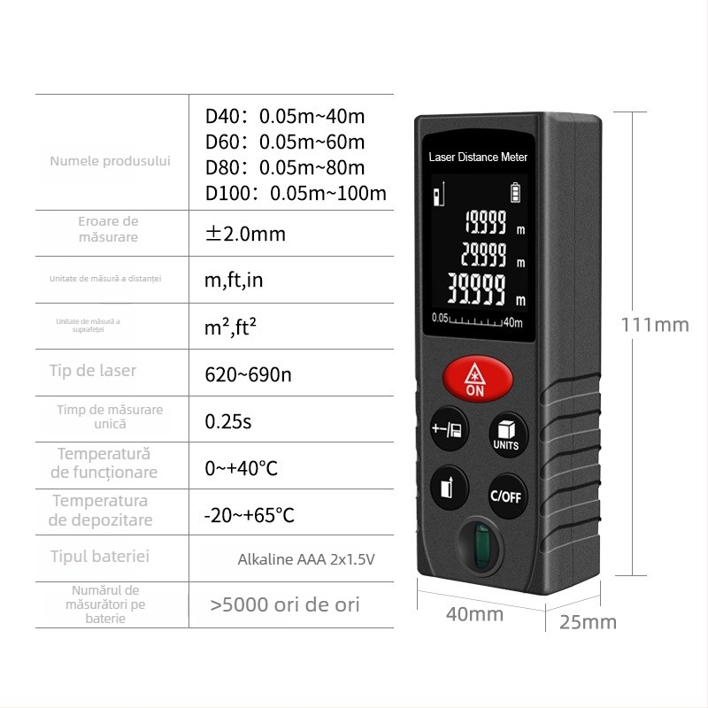 Inorm Măsurător cu laser portabil pentru distanțe, interval 0,05–100 m, rezoluție 1 mm, precizie ±2 mm, protecție IP54