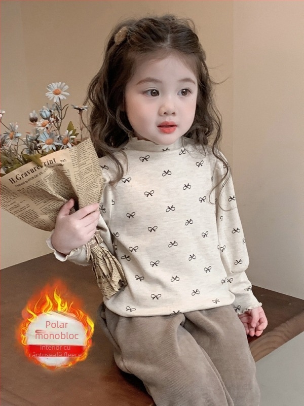 Top de bază din fleece pentru fete, stil coreean, guler înalt, fleece din bumbac, iarnă