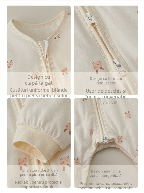 Sac de dormit pentru copii, iarnă, gros, cu mâneci lungi și picioare separate, fermoar metalic, exterior din bumbac cu căptușeală din bumbac pur