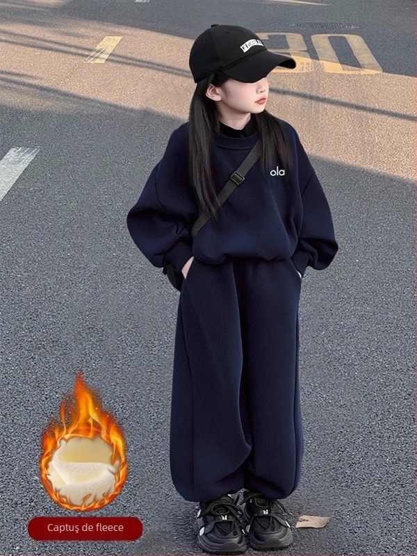 Set de două piese pentru fete: bluză cu mânecă lungă + pantaloni lungi, culoare solidă, 80% poliester