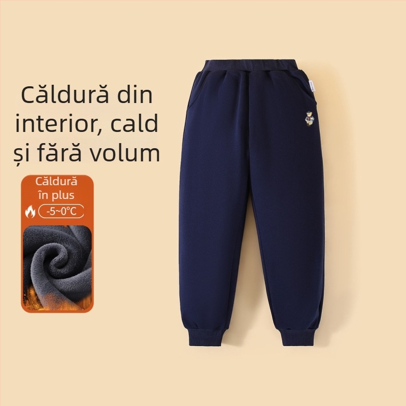 Casual pantaloni lungi pentru băieți, căptușiți cu fleece, 100% bumbac, talie elastică, imprimeu cu desene animate, toamnă-iarnă