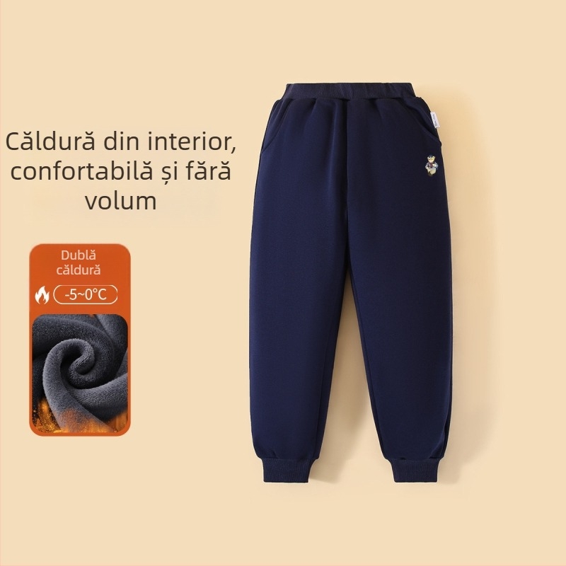 Casual pantaloni lungi pentru băieți, căptușiți cu fleece, 100% bumbac, talie elastică, imprimeu cu desene animate, toamnă-iarnă