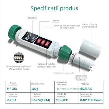 Analizator portabil de calitate a apei 5 în 1: pH, EC, TDS, salinitate și temperatură (Model MF-X51)