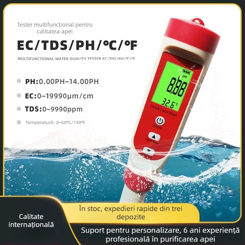 W4L analizor portabil de calitate a apei patru în unu cu pH (0.00–14.00), TDS (0–19990 ppm), EC (0–19990 μS/cm) și temperatură (0.1°C rezoluție, ±0.5°C), tester pH de înaltă precizie