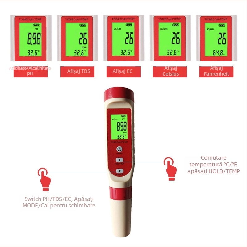W4L analizor portabil de calitate a apei patru în unu cu pH (0.00–14.00), TDS (0–19990 ppm), EC (0–19990 μS/cm) și temperatură (0.1°C rezoluție, ±0.5°C), tester pH de înaltă precizie