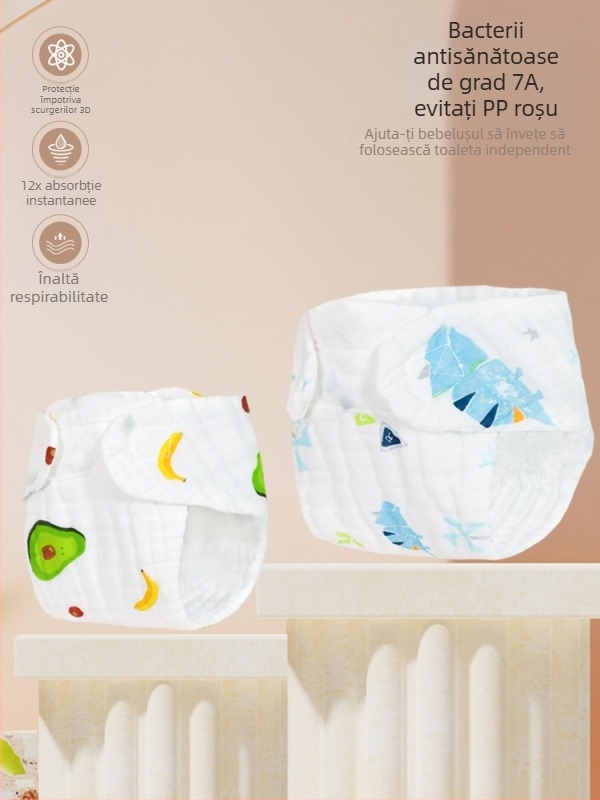 Mu Mu Bear pantaloni de scutec din tifon de bumbac, imprimare cu desene animate, lavabili, pentru sugari 9–18 kg