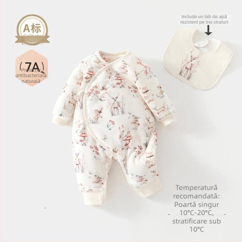 Salopetă unică pentru bebeluși, 100% bumbac, umplutură din fibră de soia, gros pentru toamnă-iarnă, mâneci lungi, fără glugă, închidere cu nasturi pe un rând