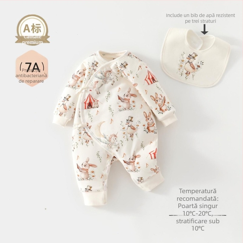 Salopetă unică pentru bebeluși, 100% bumbac, umplutură din fibră de soia, gros pentru toamnă-iarnă, mâneci lungi, fără glugă, închidere cu nasturi pe un rând