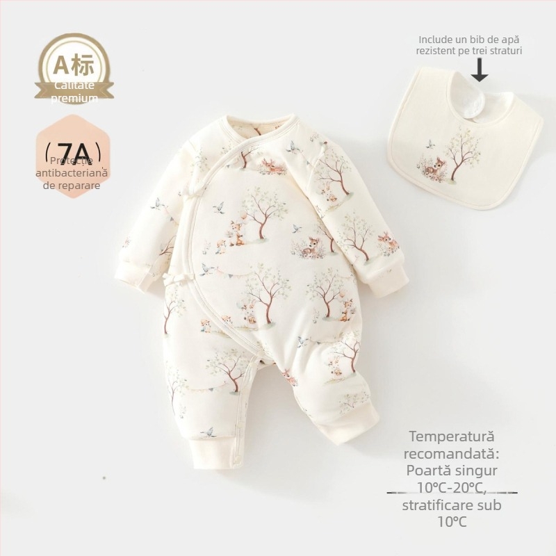 Salopetă unică pentru bebeluși, 100% bumbac, umplutură din fibră de soia, gros pentru toamnă-iarnă, mâneci lungi, fără glugă, închidere cu nasturi pe un rând