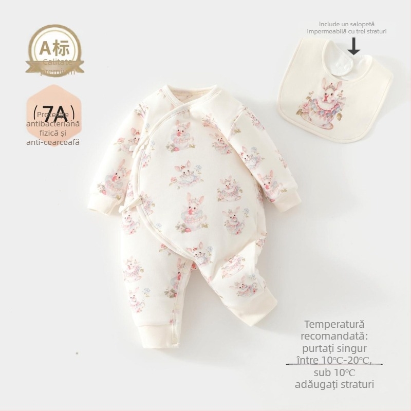 Salopetă unică pentru bebeluși, 100% bumbac, umplutură din fibră de soia, gros pentru toamnă-iarnă, mâneci lungi, fără glugă, închidere cu nasturi pe un rând