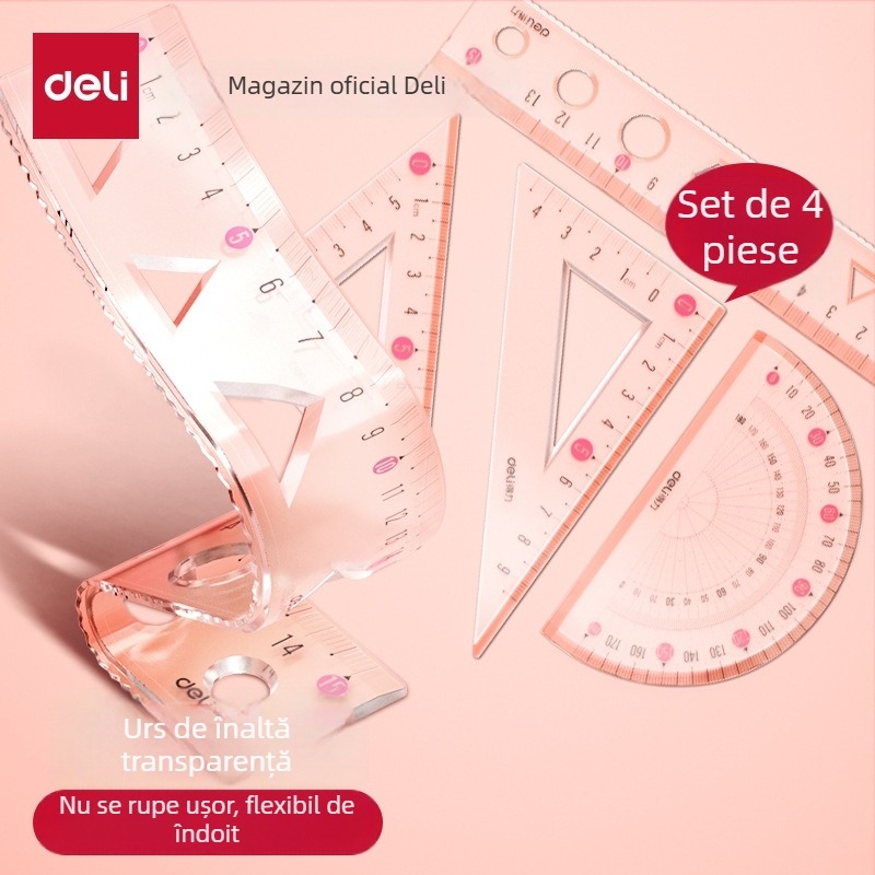 Deli riglă moale pentru elevi, set PVC din patru piese, modele VC17/VC18, cu scară și goniometru