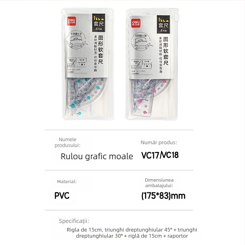 Deli riglă moale pentru elevi, set PVC din patru piese, modele VC17/VC18, cu scară și goniometru