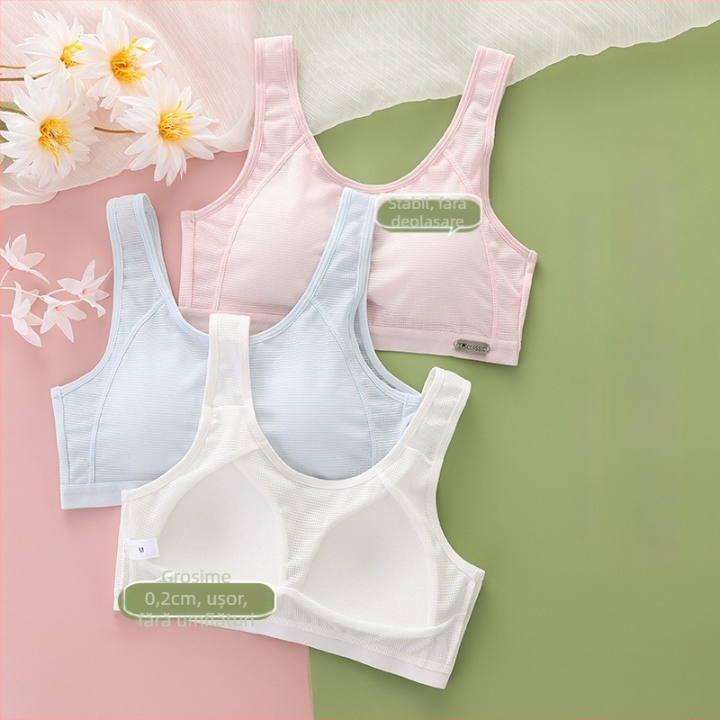 Sutien pentru fete cu cupă fixă, material din nailon respirabil, căptușeală din spandex, cupă completă, bretele fixe
