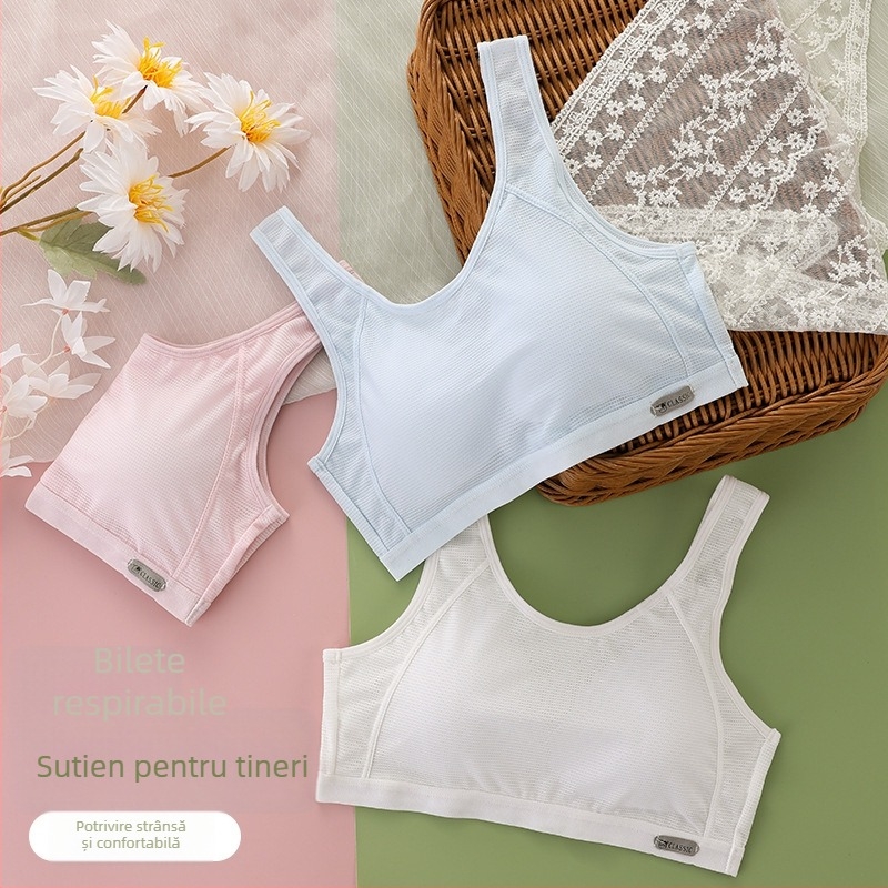 Sutien pentru fete cu cupă fixă, material din nailon respirabil, căptușeală din spandex, cupă completă, bretele fixe