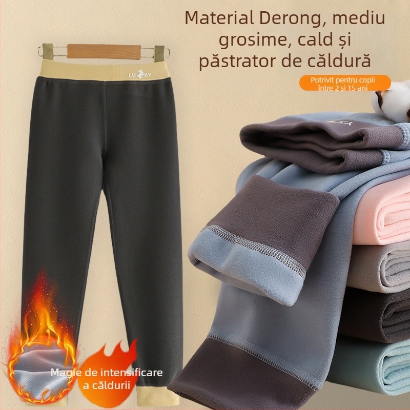 Pantaloni pentru copii călduroși cu fleece pentru toamnă-iarna, unisex talie medie, 85% poliester, fleece german, model MDY-03, vârstă 3–8 ani, siguranță clasa A