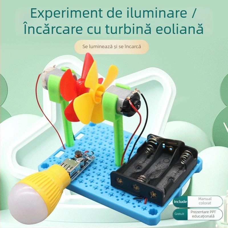 Turbină eoliană cu iluminare și încărcare – kit științific STEM pentru tineri, din plastic, vârsta 15–35, include video de instrucțiuni, dezvoltare intelectuală