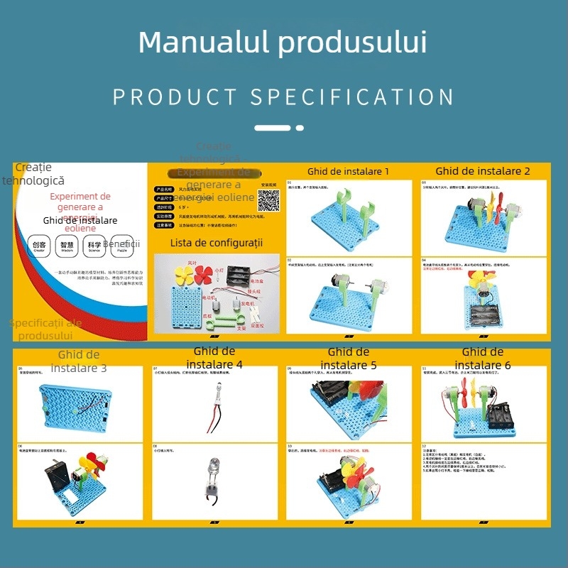 Turbină eoliană cu iluminare și încărcare – kit științific STEM pentru tineri, din plastic, vârsta 15–35, include video de instrucțiuni, dezvoltare intelectuală
