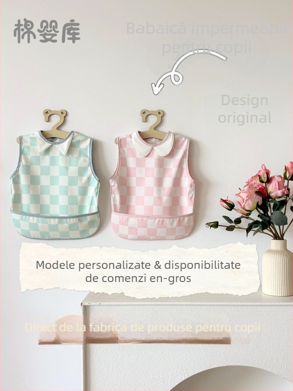 Smoc impermeabil fără mâneci pentru hrănire și pictură, unisex, țesătură poliester, model Cartoon, brand Cotton Baby Library, cod 0400, primăvara 2025, clasă de siguranță A