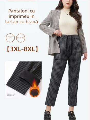 Pantaloni harem în carouri, talie elastică, țesătură din viscoză groasă, lungi, pentru iarnă