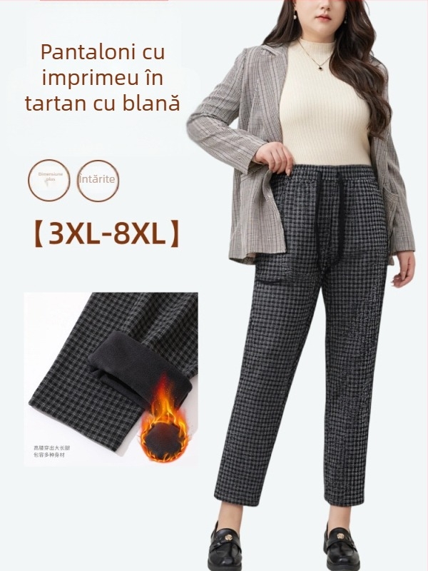 Pantaloni harem în carouri, talie elastică, țesătură din viscoză groasă, lungi, pentru iarnă