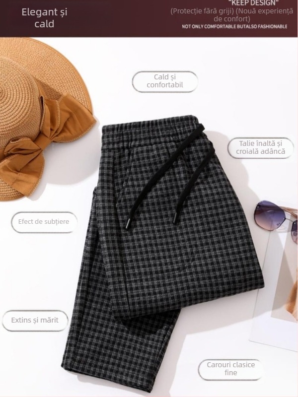 Pantaloni harem în carouri, talie elastică, țesătură din viscoză groasă, lungi, pentru iarnă