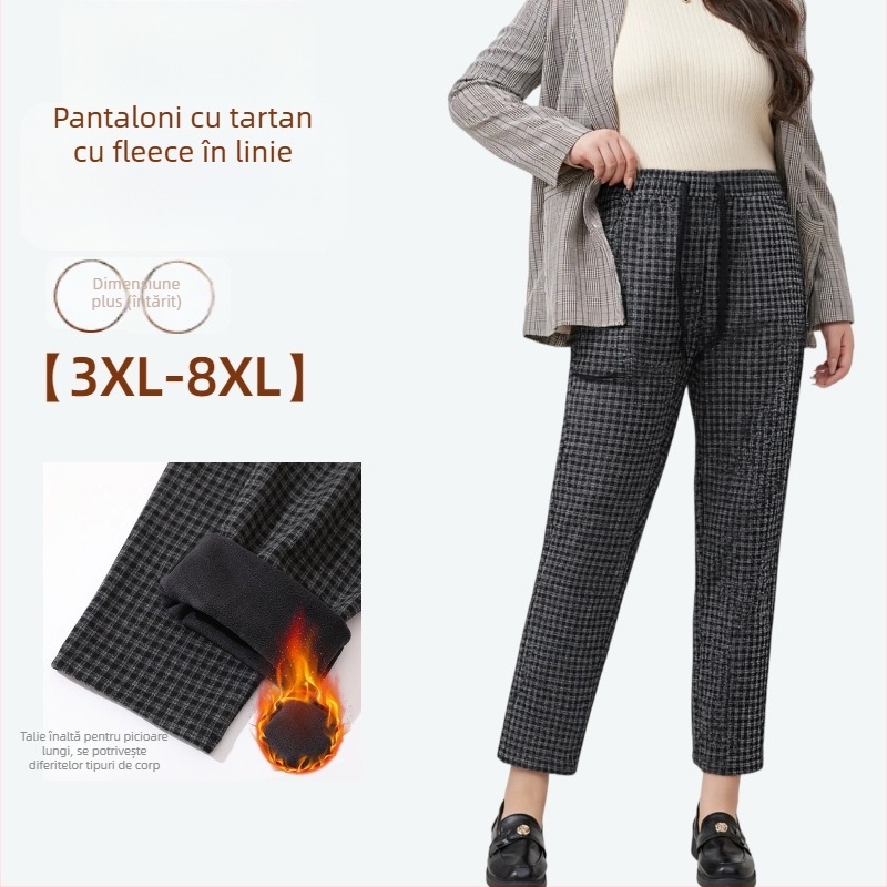 Pantaloni harem în carouri, talie elastică, țesătură din viscoză groasă, lungi, pentru iarnă