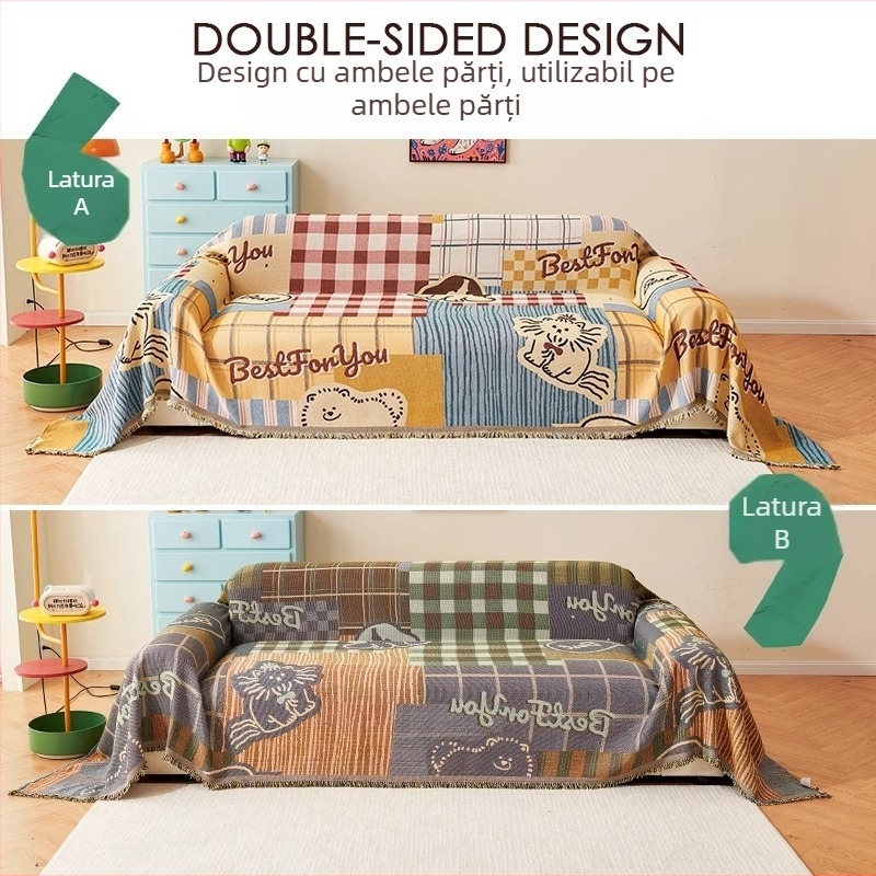 Prosop de canapea pentru trei locuri, stil desen animat cu model dantelat; modelele: geometrice, abstracte, animale din desene animate; Material: Six color scarf; Brand: Fiber Return