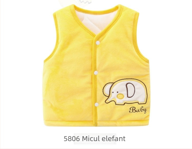 Vesta pentru copii fără mâneci, cu căptușeală coral fleece, groasă, 0–1 an, exterior 100% poliester, umplutură poliester, căptușeală din bumbac, stil coreean, închidere cu un nasture, fără glugă, unisex, primăvară/toamnă/iarnă, modele animale/cartoon/monoc