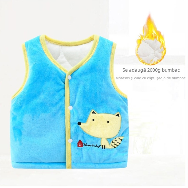 Vesta pentru copii fără mâneci, cu căptușeală coral fleece, groasă, 0–1 an, exterior 100% poliester, umplutură poliester, căptușeală din bumbac, stil coreean, închidere cu un nasture, fără glugă, unisex, primăvară/toamnă/iarnă, modele animale/cartoon/monoc