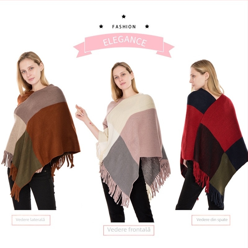 Pelerină-pulover - imitatie de cașmir, model în carouri, tricotat prin warp knitting, cald, pentru femei