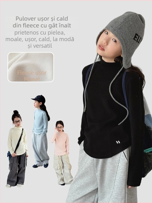 Tricou pentru copii cu mânecă lungă, guler rotund, Monet velur ușor cald, fibre de celuloză regenerată 63,3%, tratament moale, menține căldura, pentru primăvară, toamnă și iarnă