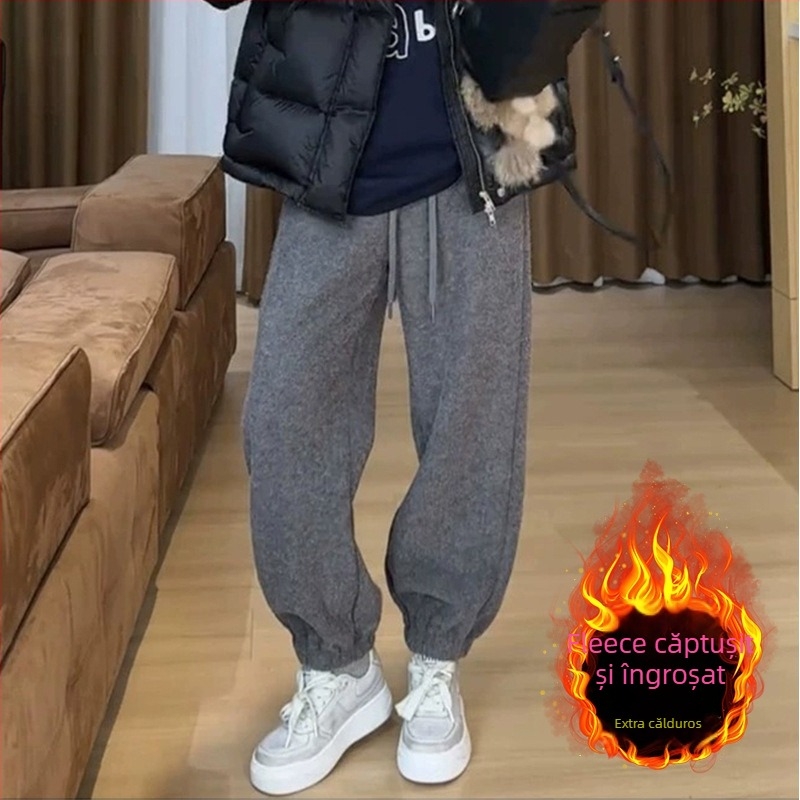 Pantaloni casual fleece pentru femei, mărime plus, talie înaltă, croială dreaptă, pentru siluetă de pară