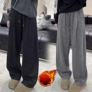 Pantaloni largi pentru femei din poliester, iarna 2025, talie elastică, detalii patchwork, stil casual japonez-coreean