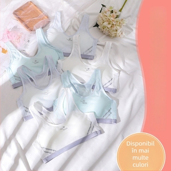 Sutien pentru fete – stil vestă, material nylon cu căptușeală din bumbac, cupă completă cu cupă subțire modelată, fără armătură metalică, bretele fixe, duble, respirabil și absorbant de transpirație