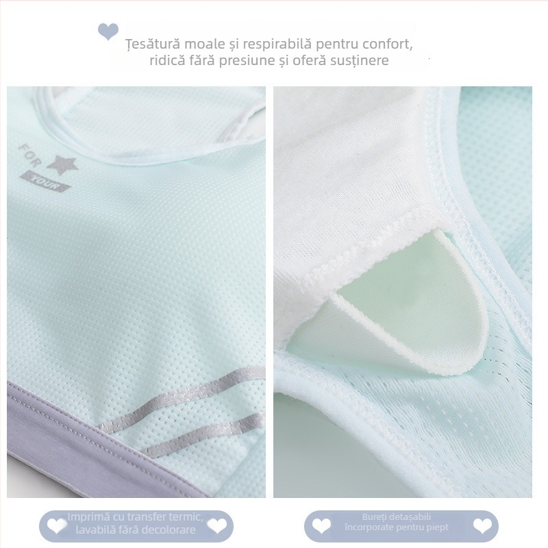 Sutien pentru fete – stil vestă, material nylon cu căptușeală din bumbac, cupă completă cu cupă subțire modelată, fără armătură metalică, bretele fixe, duble, respirabil și absorbant de transpirație