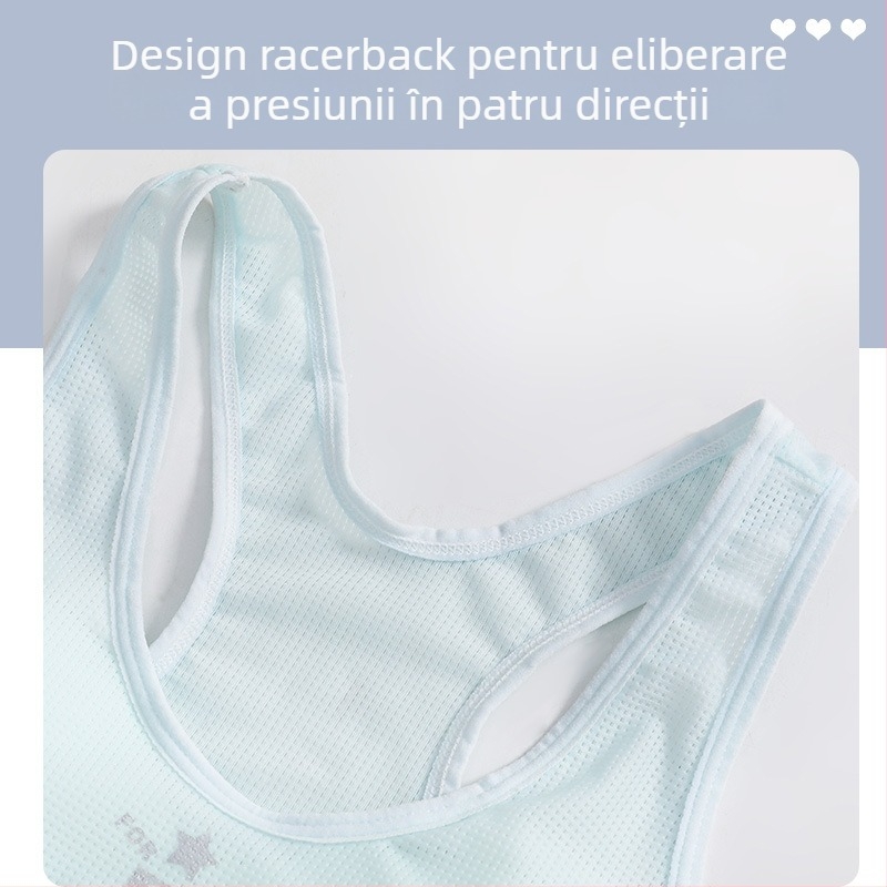 Sutien pentru fete – stil vestă, material nylon cu căptușeală din bumbac, cupă completă cu cupă subțire modelată, fără armătură metalică, bretele fixe, duble, respirabil și absorbant de transpirație