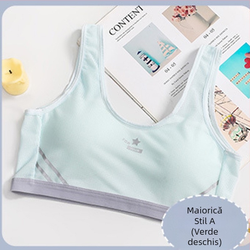 Sutien pentru fete – stil vestă, material nylon cu căptușeală din bumbac, cupă completă cu cupă subțire modelată, fără armătură metalică, bretele fixe, duble, respirabil și absorbant de transpirație