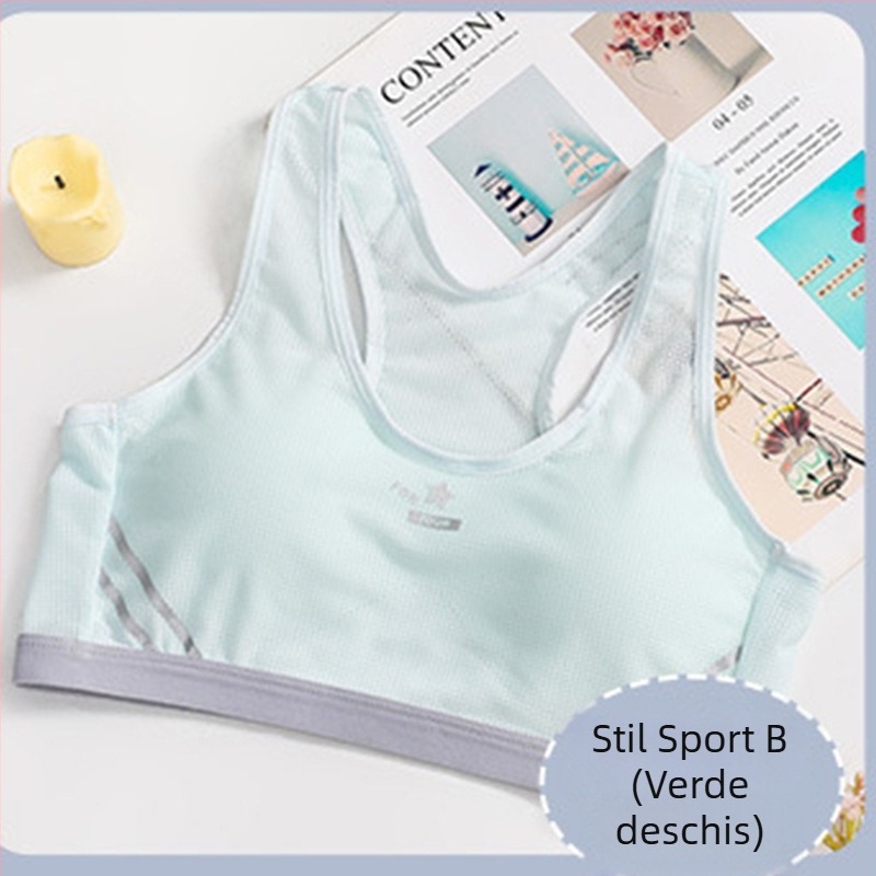 Sutien pentru fete – stil vestă, material nylon cu căptușeală din bumbac, cupă completă cu cupă subțire modelată, fără armătură metalică, bretele fixe, duble, respirabil și absorbant de transpirație