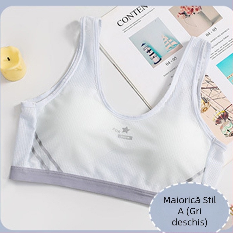 Sutien pentru fete – stil vestă, material nylon cu căptușeală din bumbac, cupă completă cu cupă subțire modelată, fără armătură metalică, bretele fixe, duble, respirabil și absorbant de transpirație