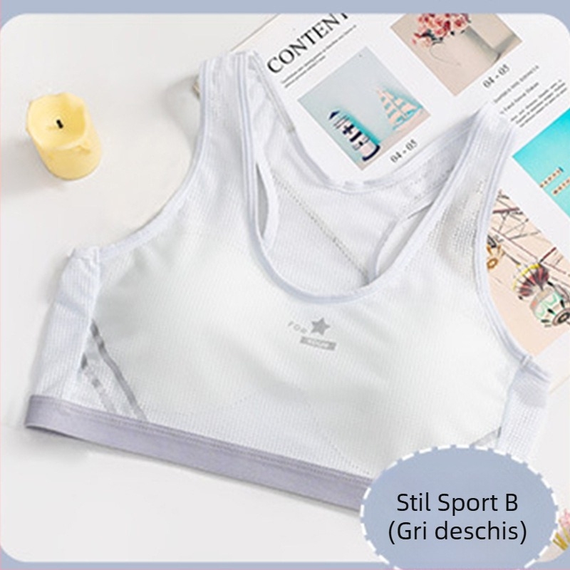 Sutien pentru fete – stil vestă, material nylon cu căptușeală din bumbac, cupă completă cu cupă subțire modelată, fără armătură metalică, bretele fixe, duble, respirabil și absorbant de transpirație